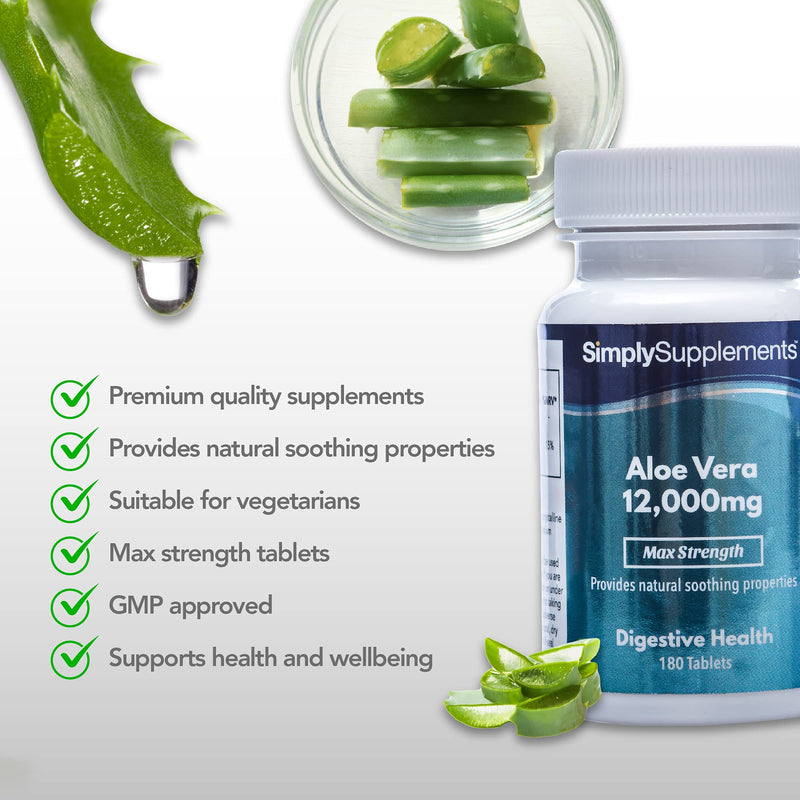 [Australia] - Aloe Vera Tablets 12,000mg | Digestive Support Supplement | Vegan & Vegetarian Friendly | 180 Aloe Vera Extract Tablets = 3 Month Supply | Manufactured in The UK 