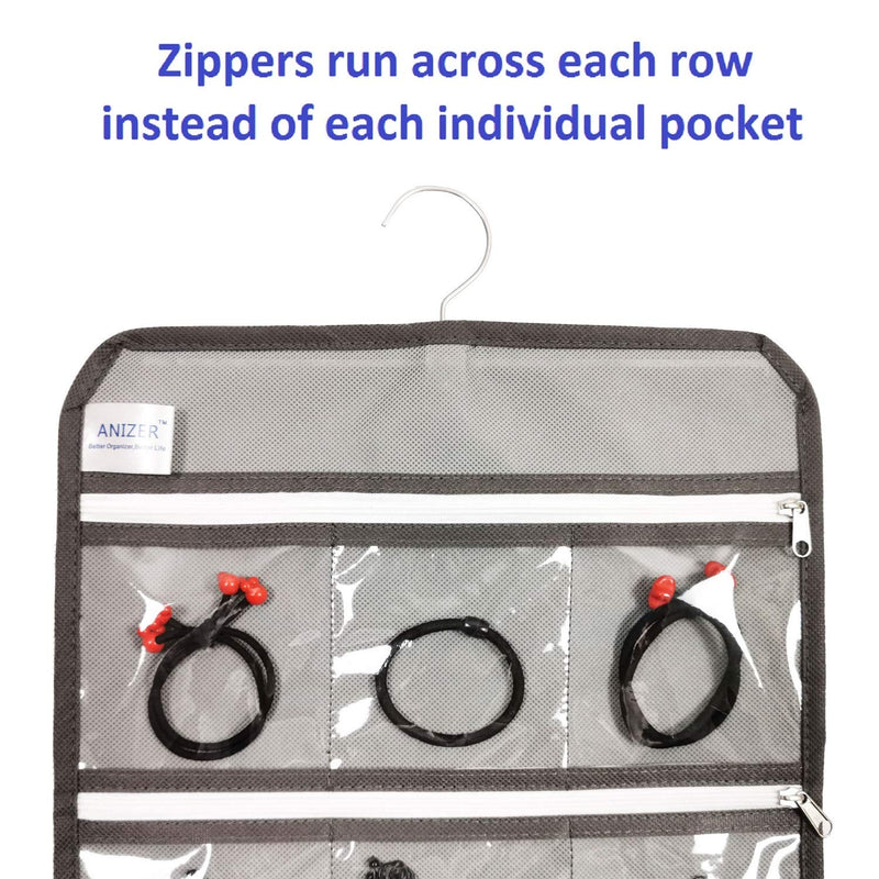 [Australia] - ANIZER Travel Foldable Jewelry Rolls Bag Hanging Jewelry Organizer with 9 Zippered Clear Pockets Storage Pouch with Rotatable Hanger (Grey) Grey 