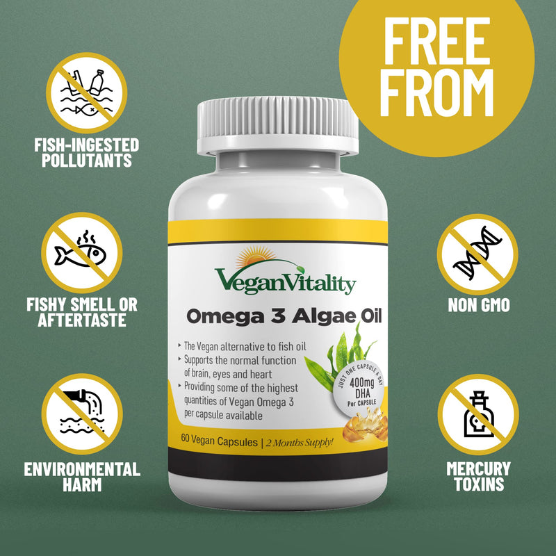 [Australia] - Vegan Omega 3 Algae Oil : 400mg DHA Per Capsule 60 Capsules, 2 Months Supply Plant Based Fish Oil Vegetarian Capsules. Suitable for All Plant Based Diets. 