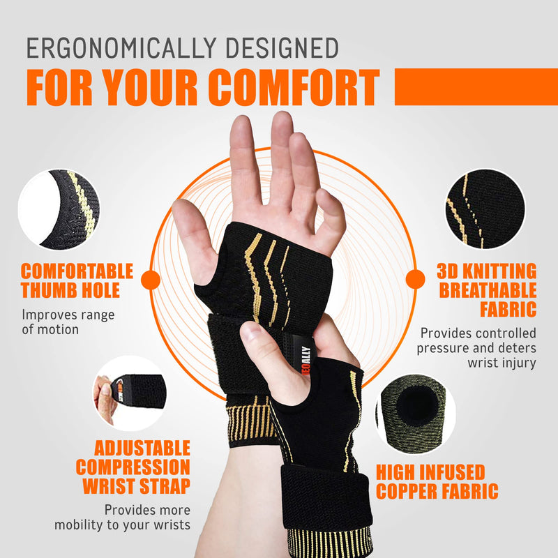 [Australia] - NeoAlly® - Copper Wrist Compression Sleeves Copper Infused Wrist Support Compression Brace Moisture-Wicking Adjustable Strap Wrist/Hand Wraps, Medium, 2 Pack Medium (Pack of 2) 
