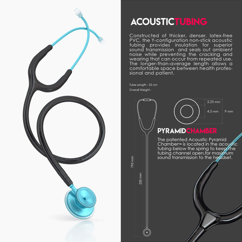 [Australia] - MDF Acoustica Lightweight Stethoscope, Adult, Dual Head, Free-Parts-for-Life, Black Tube, Aqua Chestpiece-Headset, MDF747XPAQ11 Black-Aqua 