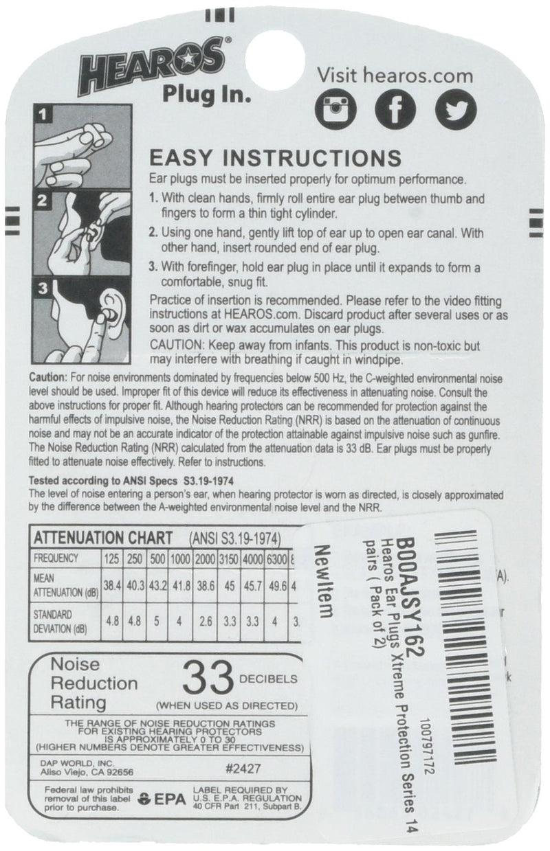 [Australia] - Hearos Ear Plugs - Xtreme Protection Series, 14 Pairs each (Value Pack of 2) : Beauty 