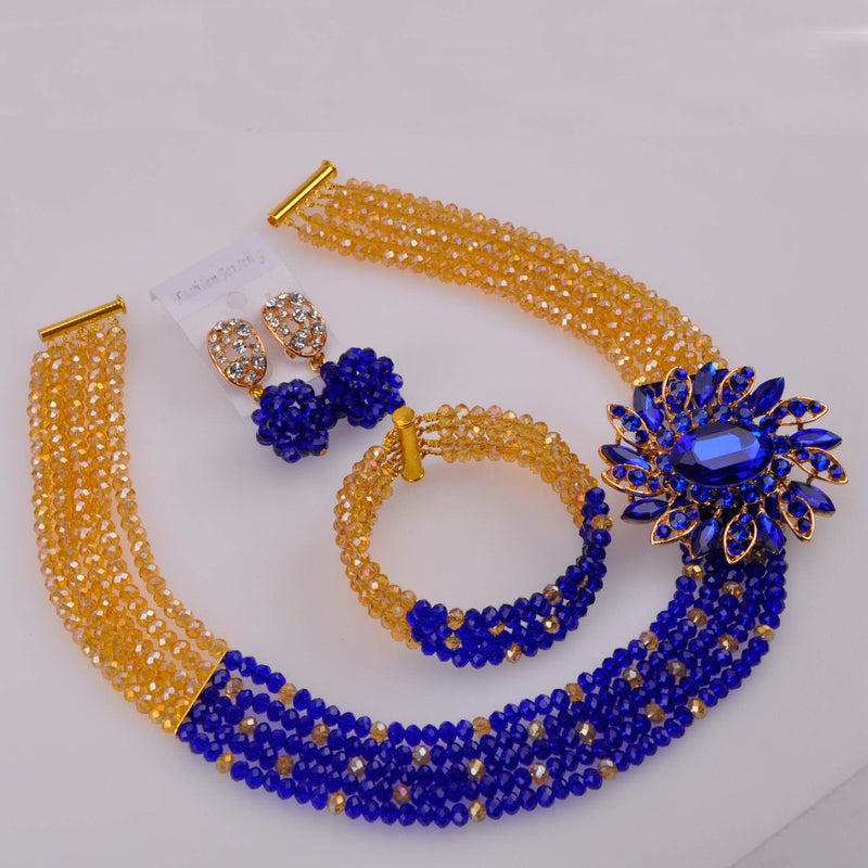 [Australia] - aczuv 5 Rows Women's Fashion African Beads Nigerian Necklace Bridal Wedding Jewelry Sets Gold AB Royal Blue 