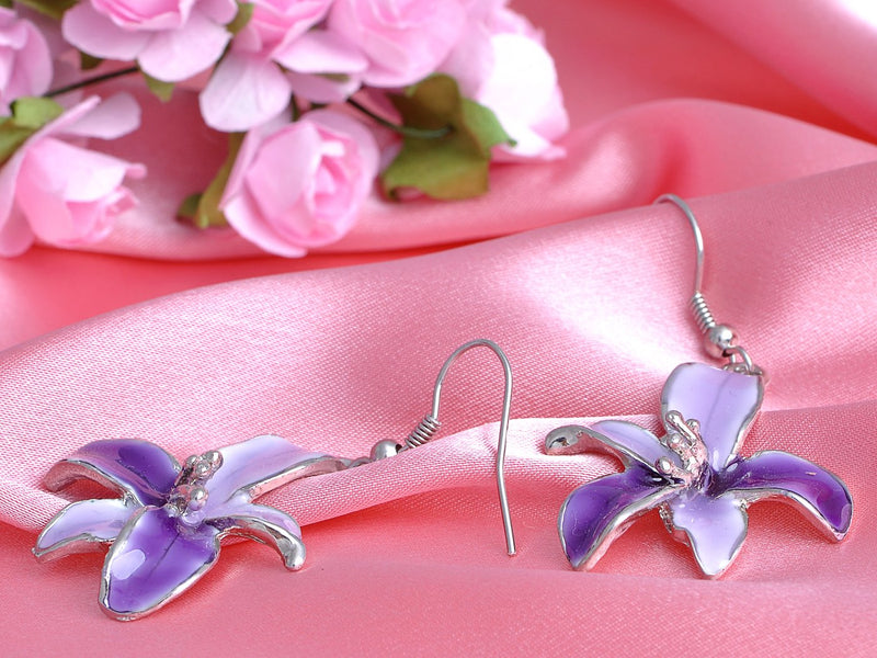 [Australia] - Alilang Silvery Tone Pink Rhinestones Purple Hawaiian Flower Necklace Earrings Set 