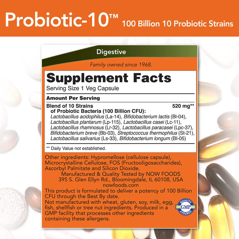 [Australia] - NOW Supplements, Probiotic-10™, 100 Billion, with 10 Probiotic Strains,Dairy, Soy and Gluten Free, Strain Verified, 30 Veg Capsules 