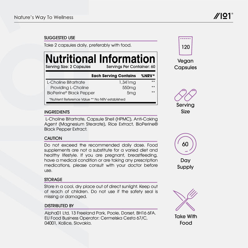 [Australia] - Choline Bitrate 550mg with BioPerine® | Supports Liver Health - Potent Essential Nutrient | Non-GMO, Gluten Free | 120 Vegan Capsules 