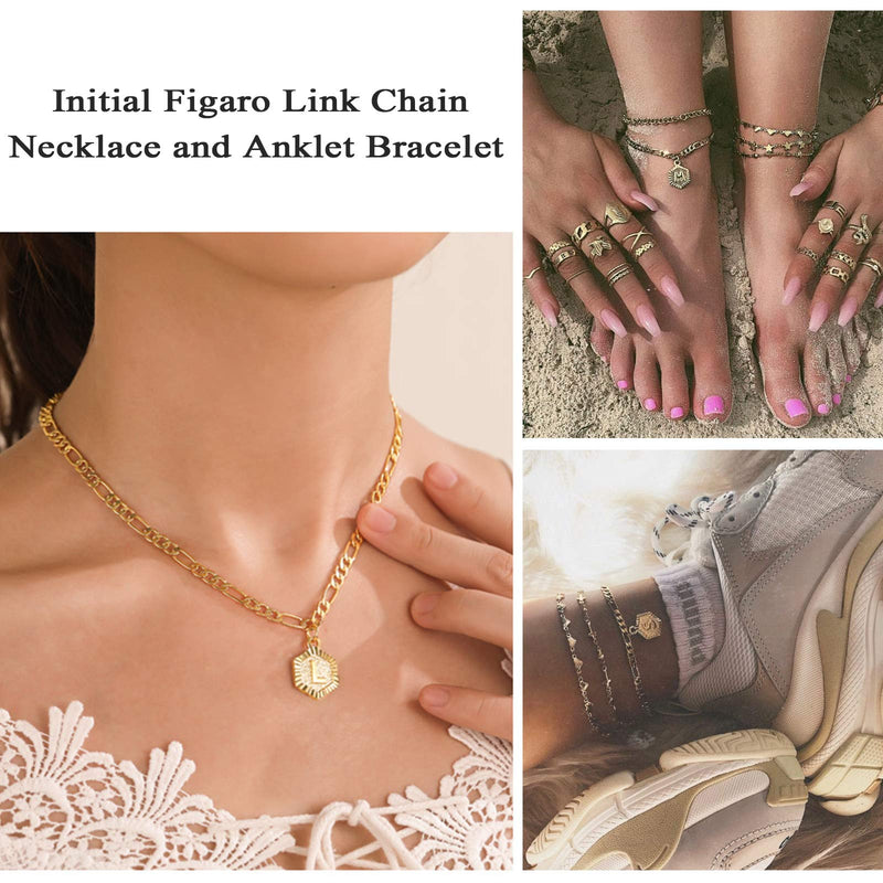 [Australia] - Harlermoon Initial Necklace Anklet Bracelet 18K Gold Plated Figaro Link Chain Bracelet Hexagon A-Z Monogram Letter Charms Jewelry Set for Women Girls 