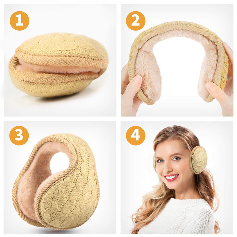 [Australia] - 2 Pieces Foldable Ear Warmers Adjustable Knitted Earmuffs with Fuzzy Fleece Lining Unisex Furry Winter Earmuffs (White and Linen Color) 