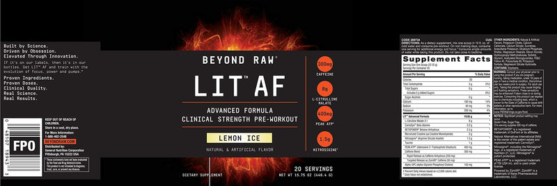 [Australia] - Beyond Raw LIT AF | Advanced Formula Clinical Strength Pre-Workout Powder | Contains Caffeine, L-Citruline, and Nitrosigine | Lemon Ice | 20 Servings 