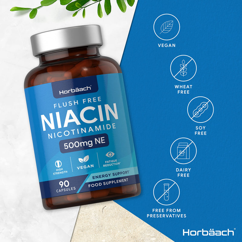 [Australia] - Vitamin B3 Niacin 500mg | 90 Vegan Capsules | Flush Free Nicotinamide Supplement | Reduction of Tiredness & Fatigue | No Artificial Preservatives | by Horbaach 