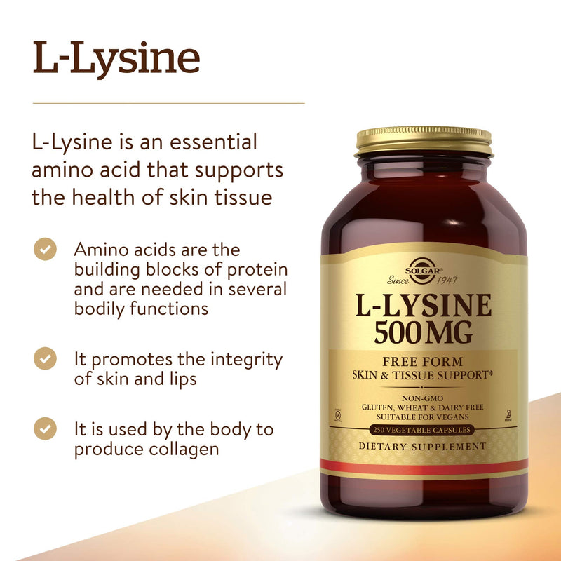 [Australia] - Solgar L-Lysine 500 mg, 250 Vegetable Capsules - Enhanced Absorption & Assimilation - Promotes Integrity of Skin & Lips - Collagen Support - Amino Acids - Non-GMO, Vegan, Gluten Free - 250 Servings 250 Count (Pack of 1) Standard Packaging 