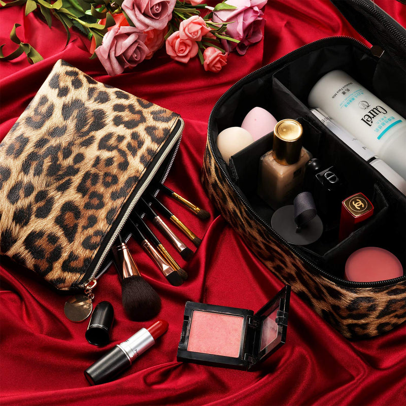 [Australia] - 2 Pieces Leopard Print Cosmetic Bag Cheetah Makeup Bag Leopard Brush bag Toiletry Travel Bag Portable Pouch Bag with Zipper for Women Girls 