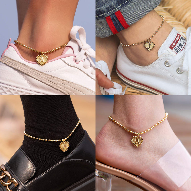 [Australia] - SHOWNII Ankle Bracelets for Women Girls Heart Initial Gold Ankle Bracelet 14k Real Gold Plated Anklets for Women Letter Bead Foot Chain Summer Beach Gift with Extension Gold-a 