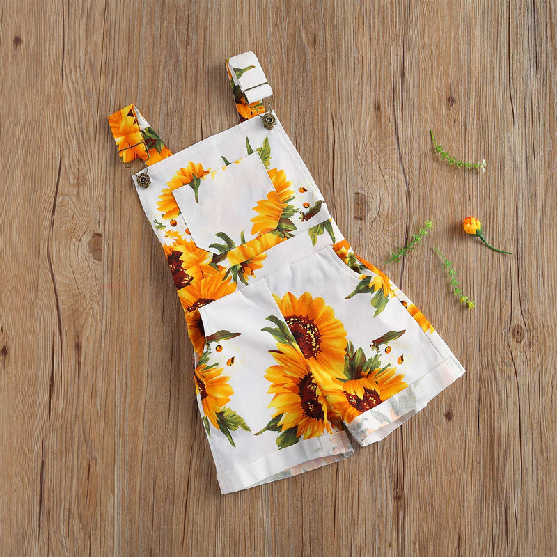 [Australia] - wdehow Toddler Baby Girl Sunflower Print Bib Overalls Backless Suspender Shorts Jumpsuits Summer Casual Romper with Pockets White 2-3T 