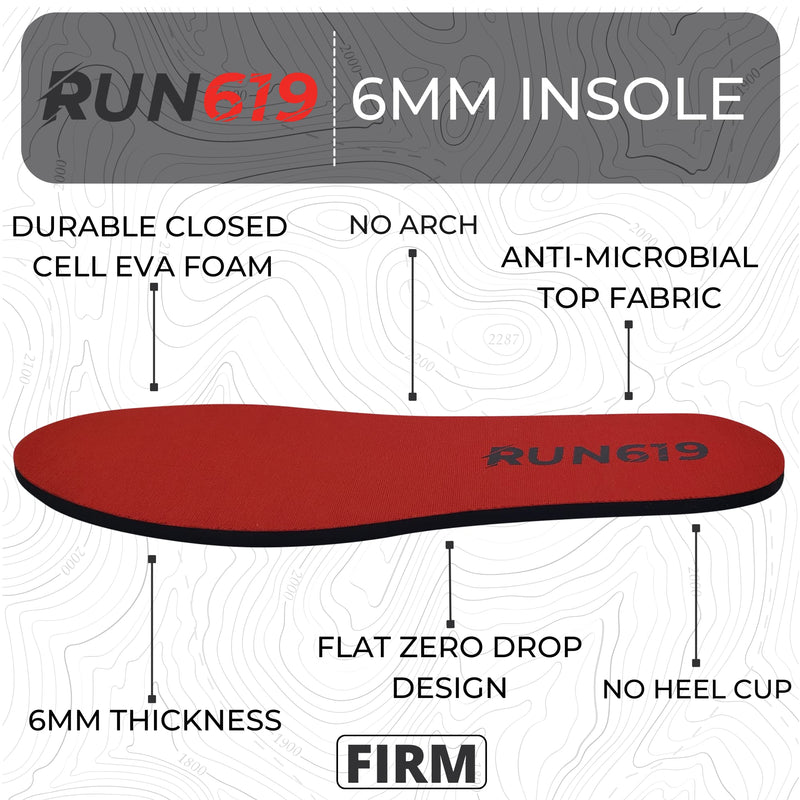 [Australia] - RUN619 Zero Drop Shoe Insoles - Thick Flat Firm Shoe Inserts w/ No Arch Support - Foot Forming - Perfect for Running Walking Work or Hiking - 6mm Insoles (Size D - Men's 9-10 / Women's 10-11) Size D - Men's 9-10 / Women's 10-11 