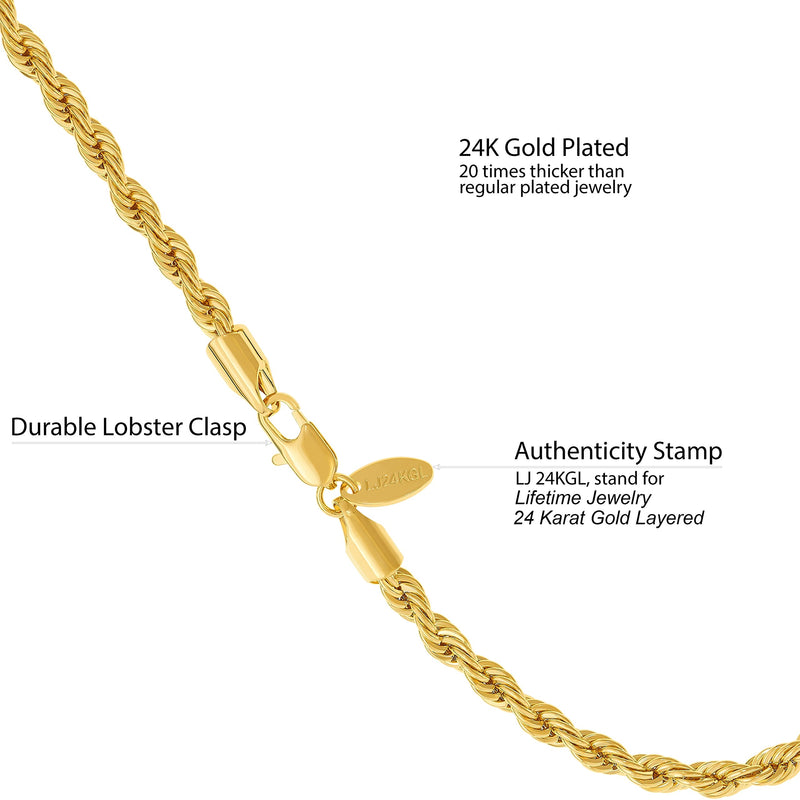 [Australia] - Lifetime Jewelry 5mm Rope Chain Anklet for Women & Men 24k Gold Plated Bracelet 10.0 Inches 