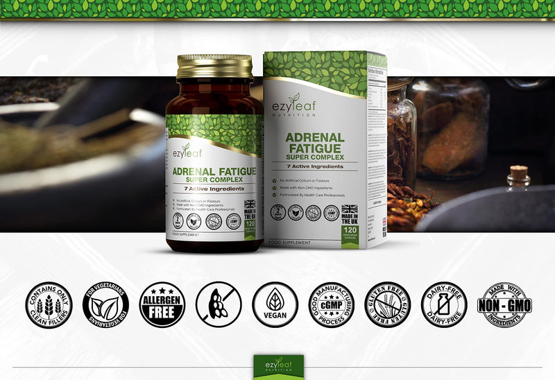 [Australia] - Ezyleaf Adrenal Supplement | Schisandra Ginseng Tyrosine | Pantothenic Acid Liquorice Root Vitamin C B6 | 120 Capsules | Fatigue Cortisol Support Health | Allergen Free, Non-GMO & ISO Certified 