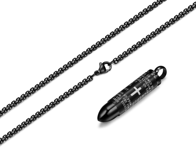 [Australia] - LOYALLOOK 2pcs Men's Stainless Steel Cylinder Pendant Chain Necklace Cross Bullet Pendant Necklace Lord's Prayer 22 Inch 1pc Cross+ 1pc Lord's Prayer 