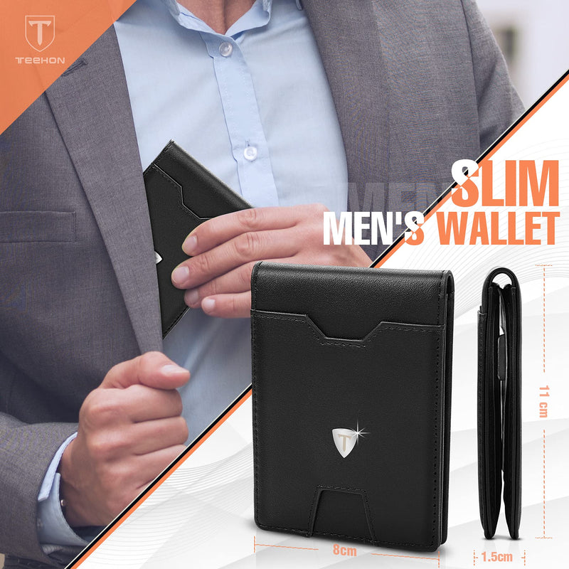 [Australia] - TEEHON Leather Slim Wallet for Men Money Clip RFID Blocking Bifold Minimalist Wallet 10 Credit Card Holders 1 ID Window Front Pocket Wallet with Gift Box for Father Husband Brother-New Black 