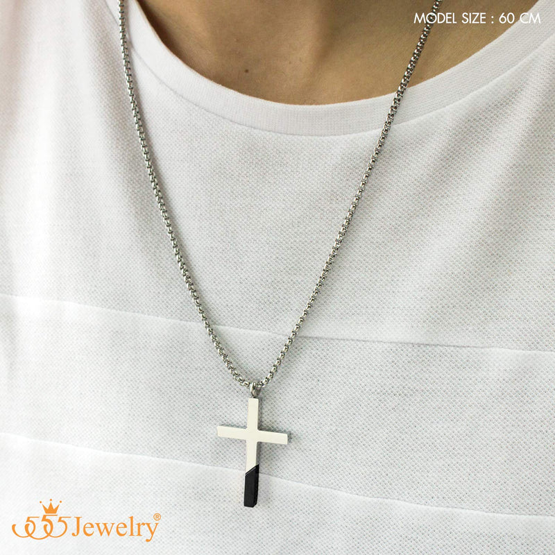 [Australia] - 555Jewelry Cross Necklace for Men Women, Stainless Steel Pendant with 16-24” Chain Silver / Black 18.0 Inches 