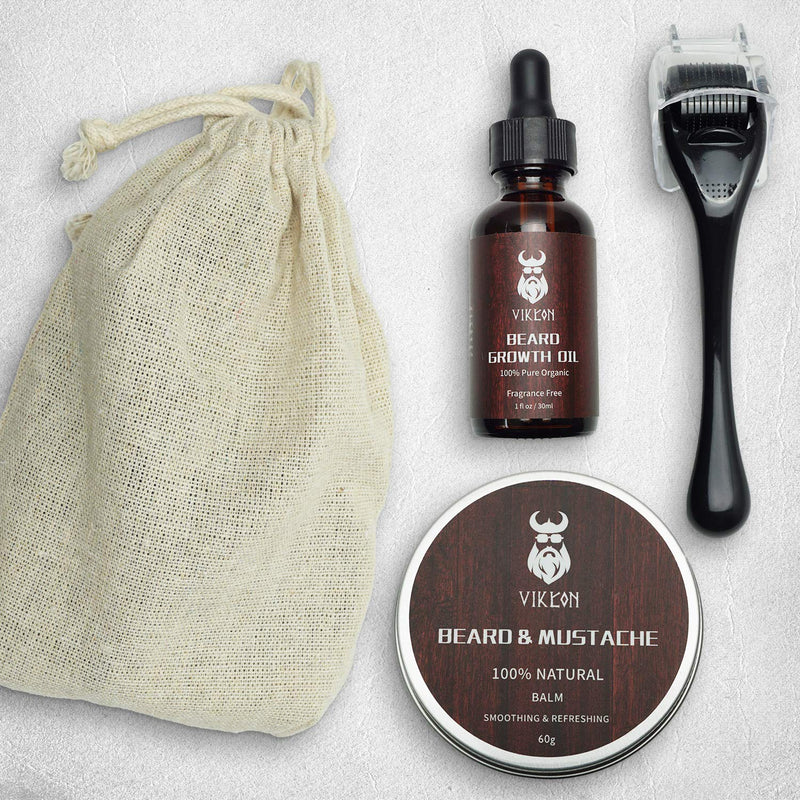 [Australia] - Beard Growth Kit, Beard Derma Roller Kit for Men, Patchy Facial Hair Growing Kit, Beard Growth Serum Oil + Beard Balm + Titanium Microneedle Roller, Let it Grow 