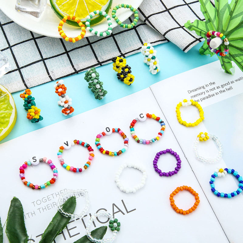 [Australia] - Jadive 29 Pieces Flower Beaded Ring Daisy Flower Bead Rings Set Rice Bead Rings Cute Handmade Vsco Boho Beach Rings Colorful Jewelry Ring Rainbow Colorful Beads Knuckle Ring Set for Girl Women 