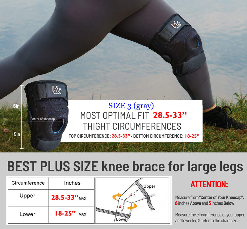 [Australia] - Hinged Knee Brace Plus Size - Front Closing, Exclusively Designed for Plus Size Men and Women- Vievibrante Size 3(Gray): fits 28.5''-33'' Thigh Circ. Gray 