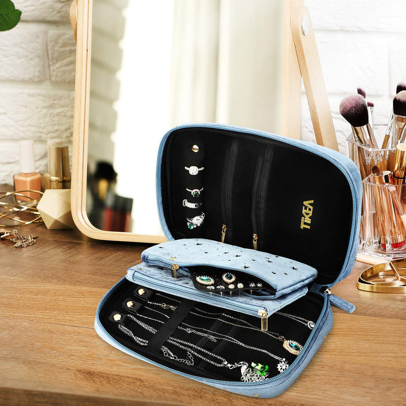 [Australia] - Tikea Velvet Jewelry Bag - Jewelry Organizer Bag Trip Elegant Pouch Portable Carry Clutch for Earrings, Necklaces, Rings and Treasures, Superior Cashmere Blue 