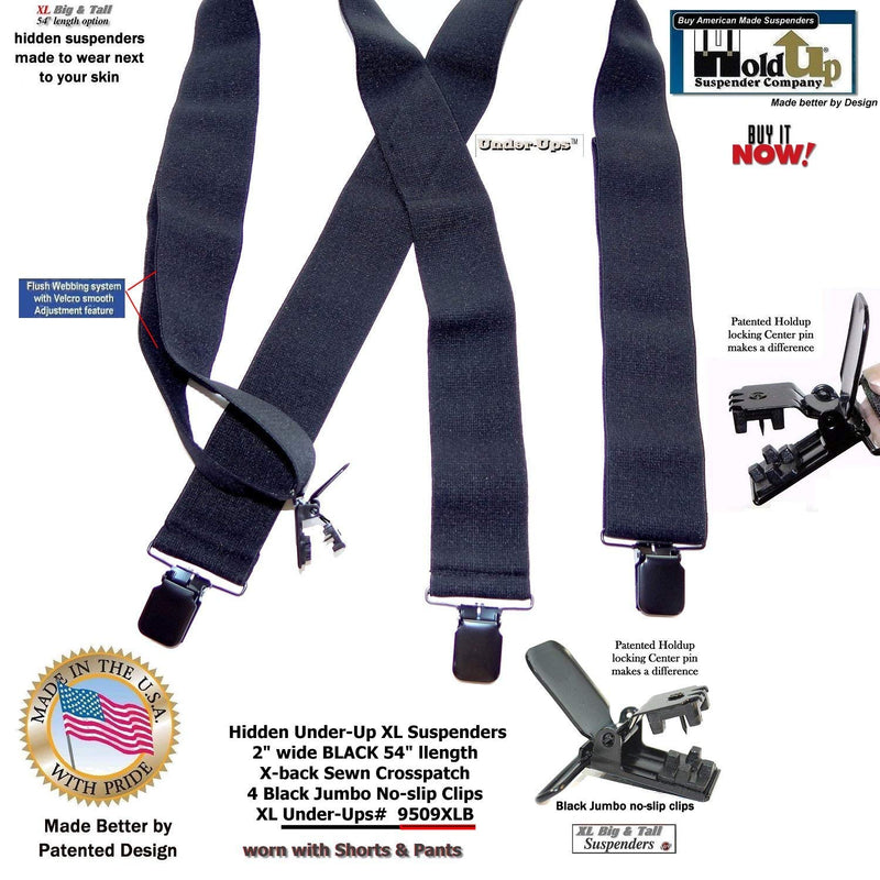 [Australia] - Holdup Brand 2" Wide Black XL hidden Undergarment Suspenders worn under your shirt with patented no-slip clips 