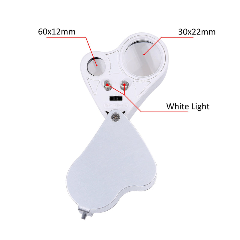 [Australia] - Illuminated Jewelry LED Eye Loupe Magnifier with Two Lens, 60X 12 mm and 30X 22 mm with Kare and Kind Retail Package (60x and 30x, Silver/White) 60x and 30x 