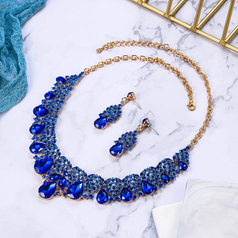 [Australia] - BriLove Indian Costume Jewelry Sets for Brides Rhinestone Teardrop Hollow Scroll Statement Necklace Dangle Earrings 07-Navy Blue Gold-Tone 