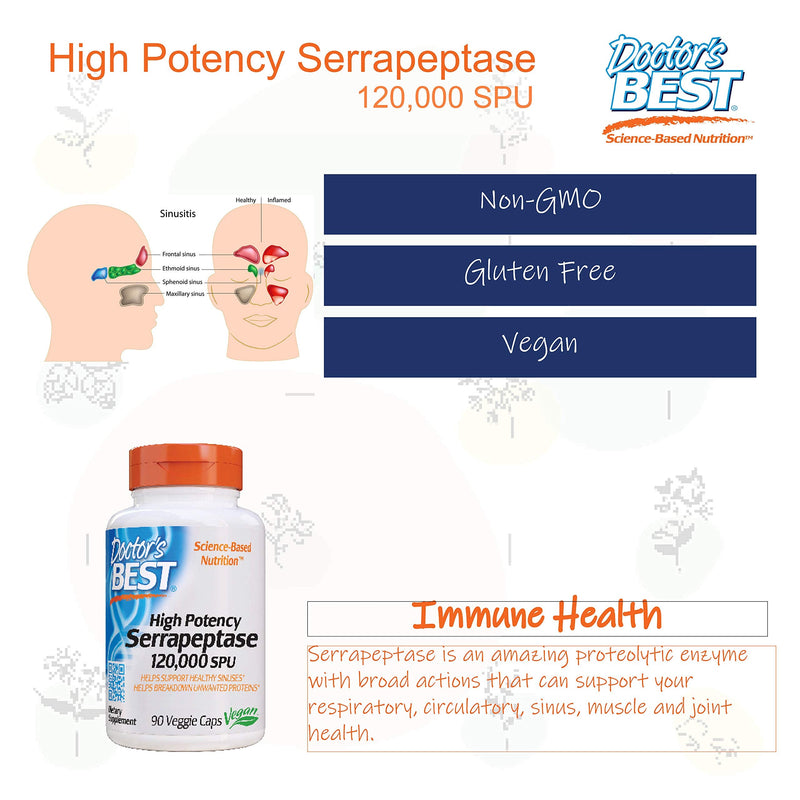 [Australia] - Doctor's Best High Potency Serrapeptase, Non-GMO, Gluten Free, Vegan, Supports Healthy Sinuses, 120,000 SPU, 90 Count 