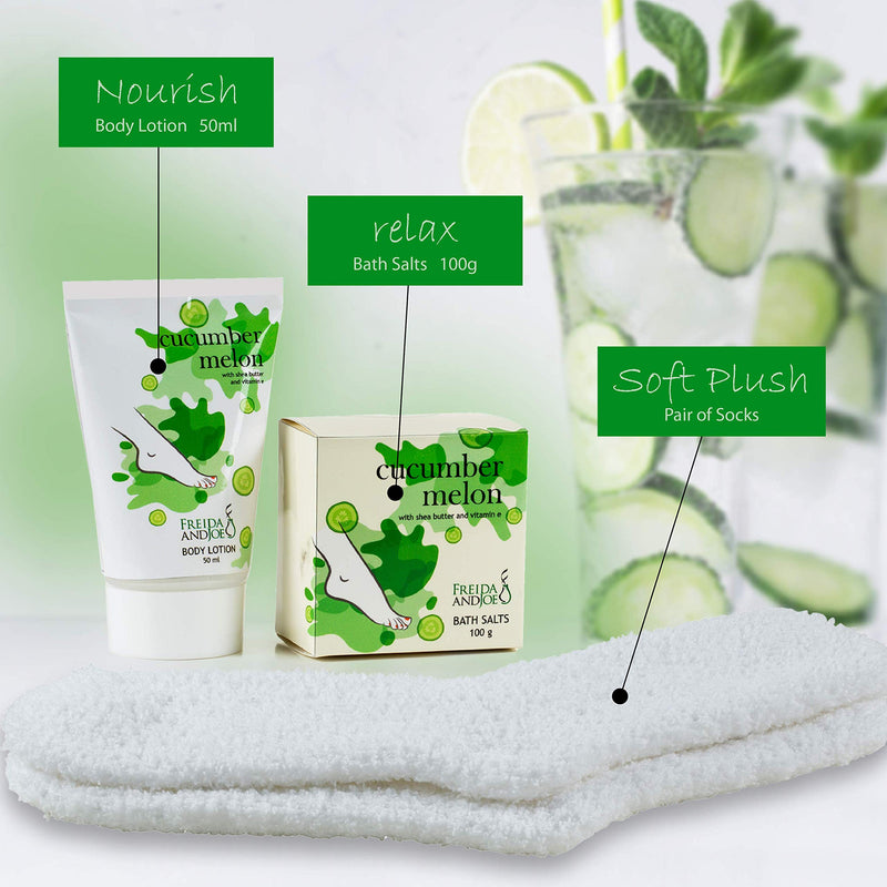 [Australia] - Home Spa Bath Gift Basket - Relaxing Cucumber Melon Fragrance - Luxury Bath & Body Set For Women - With Body Lotion, Bath Salts And Super Soft Cozy Socks - At-Home Spa Self Care Relaxation Kit 