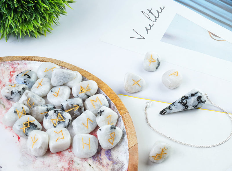 [Australia] - Crocon Rainbow moonstone tumbled Gemstone Engraved Rune Stones Set (25 Pcs) with Elder Futhark Alphabets & 1 Pendulum Meditation healing set Size: 15-20 mm 