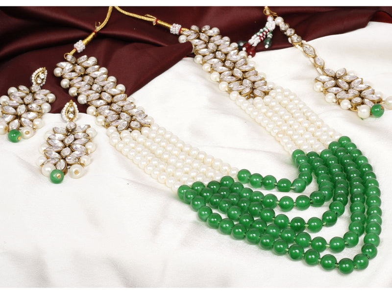 [Australia] - Ratna creation Women's SANARA Indian Traditional Antique Gold Pearl Green Long Strand Necklace & Earring Bollywoood Wedding Jewelry Set Green 