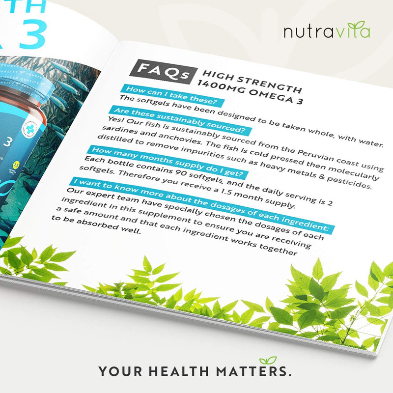 [Australia] - Highest Strength Omega 3 Fish Oil 2000mg - Providing 1000mg EPA & 400mg DHA per Serving - Sustainably Sourced & Contaminant Free - Made in The UK by Nutravita 