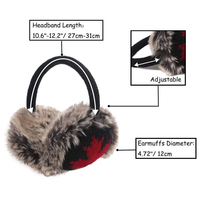 [Australia] - ZLYC Winter Faux Fur Adjustable Earmuffs Cute Knit Fuzzy Ear Muffs for Women Girls Maple Leaf Black 