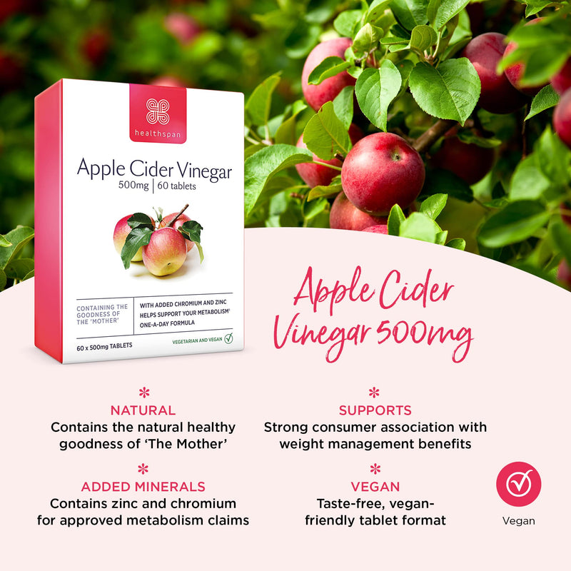 [Australia] - Healthspan Apple Cider Vinegar 500mg | 60 Tablets | Friendly Bacteria | Metabolism Support | Added Zinc & Chromium | Vegan 