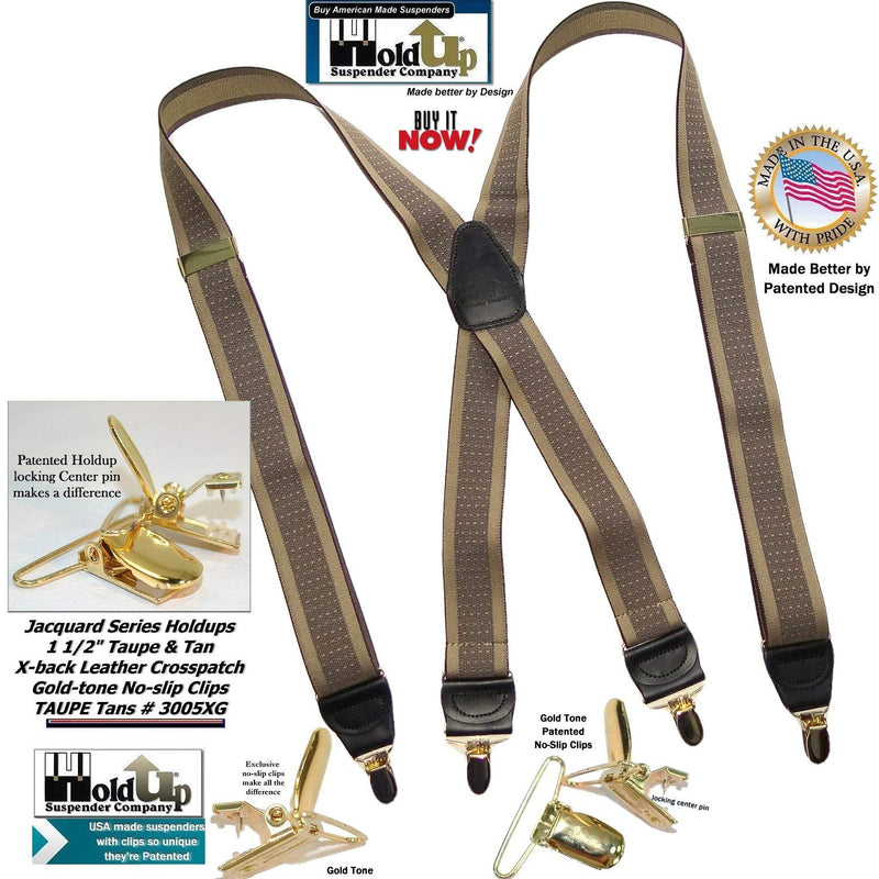 [Australia] - Holdup Brand Jacquard Series Taupe and Tan X-back Suspenders with Gold-tone No-slip Clips 