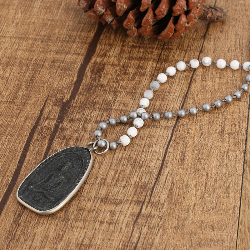 [Australia] - C·QUAN CHI Drop Shaped Crystal Beaded Necklace Triangle Sakyamuni Buddha Pendant Necklace Of Luck Stand Bracelet Long Necklaces 03-White Grey 