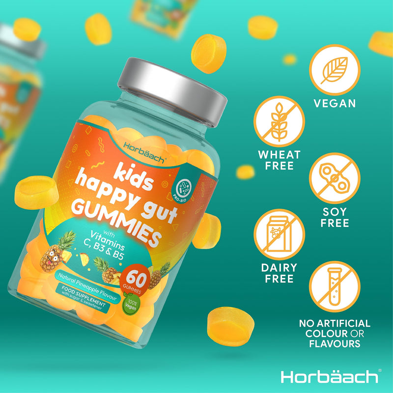 [Australia] - Probiotics for Children | 60 Gummies | Natural Pineapple Flavour | with Vitamin C, B3 & B5 | Vegan Supplement for Immune Support & Gut Health | by Horbaach 