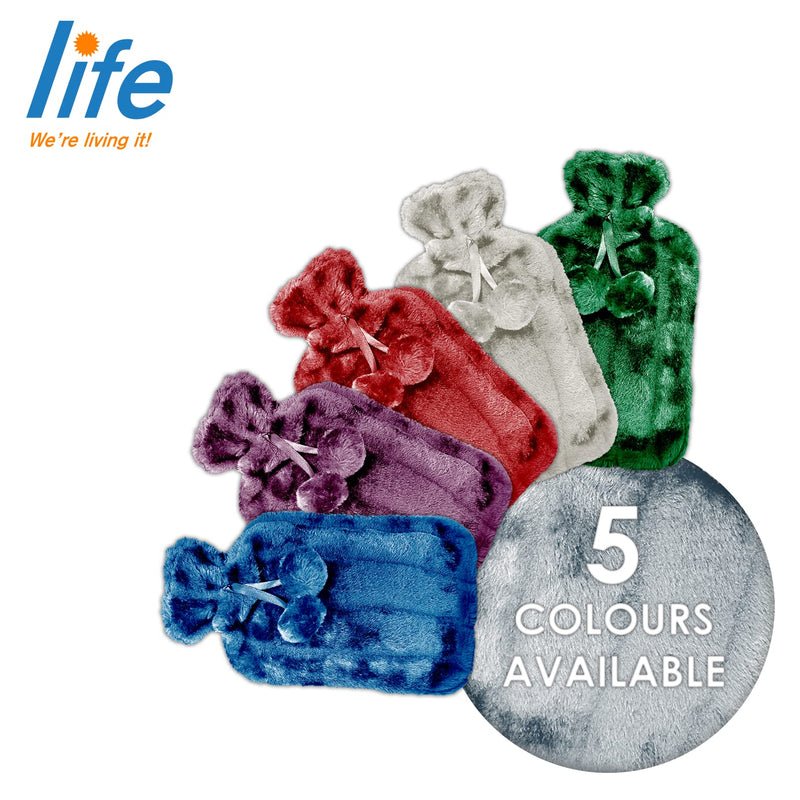 [Australia] - Hot Water Bottle with Fluffy Fur Cover and Pom Poms – Large - Pain Relief and Cosy Comfort (Aqua Green) by Life Healthcare Aqua Green 