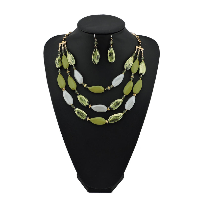 [Australia] - Bocar 3 Layer Beads Statement Necklace Earring for Women Jewelry Set army green 