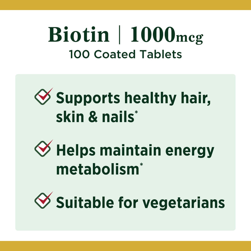 [Australia] - Biotin by Nature's Bounty, Vitamin Supplement, Supports Metabolism for Cellular Energy and Healthy Hair, Skin, and Nails, 1000 mcg, 100 Tablets 