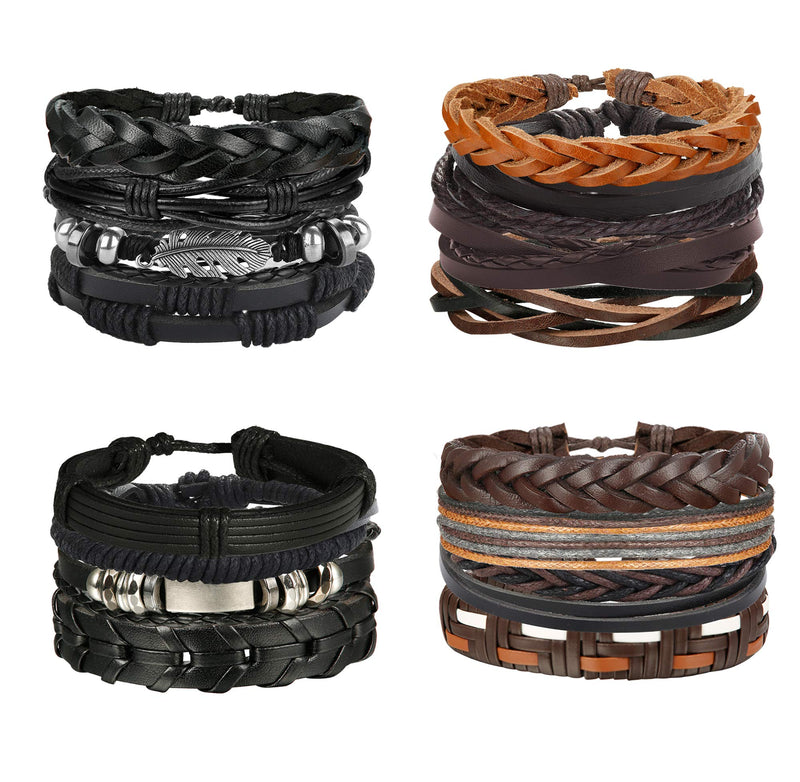 [Australia] - ORAZIO 14-16Pcs Braided Leather Bracelet for Men Women Cuff Wrap Bracelet Set Black and Brown Woven Rope Wristbands Bracelet Adjustable Style 1 