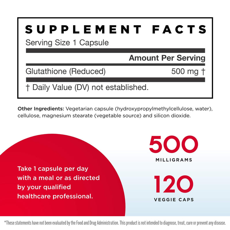 [Australia] - Jarrow Formulas Glutathione Reduced 500 mg - 120 Veggie Caps - Pharmaceutical Grade Glutathione - Intracellular Antioxidant - Bolsters Regeneration of Vitamin C & E Levels in Body - 120 Servings 120 Count (Pack of 1) 