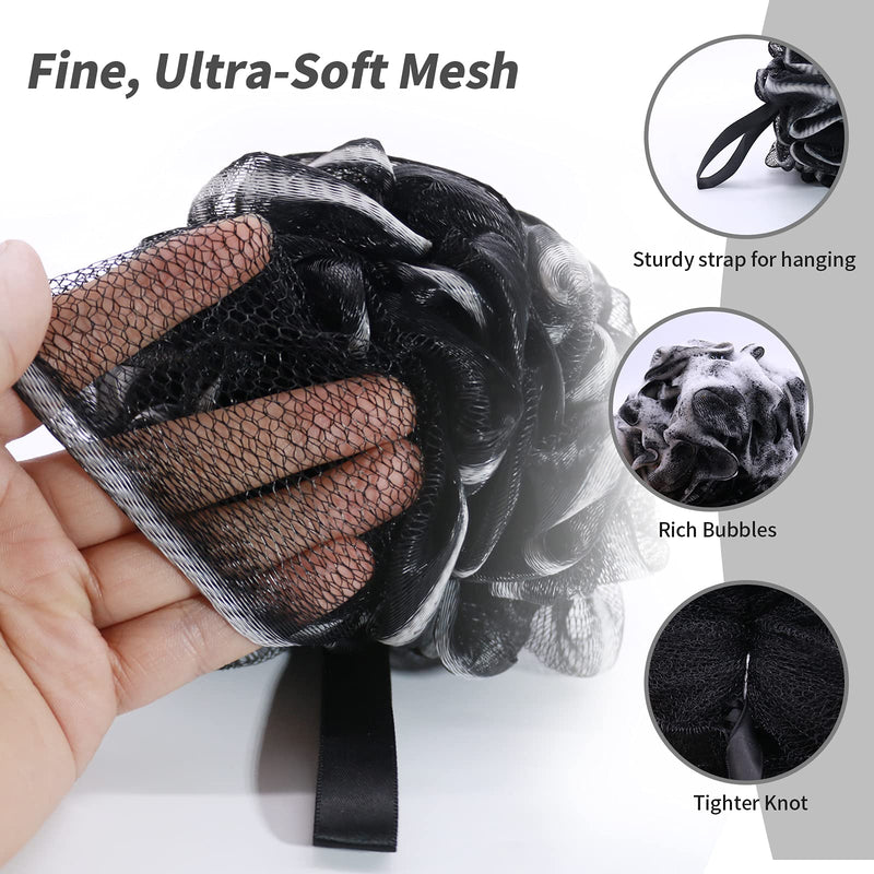 [Australia] - Shower Loofah Sponge Bath puff Large 75g XL for Women Men Kids Soft Mesh Pouf Body Scrubber Gentle Exfoliating shower Ball Buff Luffa with Bamboo Charcoal for Silky and Smooth Skin Cleansing 3pack black 