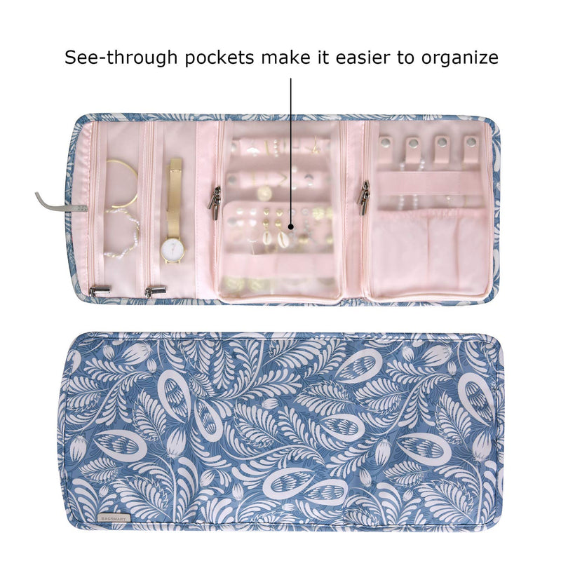 [Australia] - BAGSMART Travel Jewelry Organizer Case Foldable Floral Jewelry Roll with tassel for Journey-Rings, Necklaces, Earrings, Bracelets White Leaf 