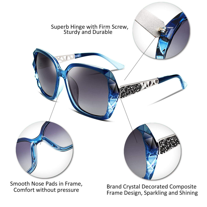 [Australia] - FEISEDY Polarized Women Square Sunglasses Sparkling Composite Shiny Frame B2289 1 Blue/Fade Smoke 56 Millimeters 
