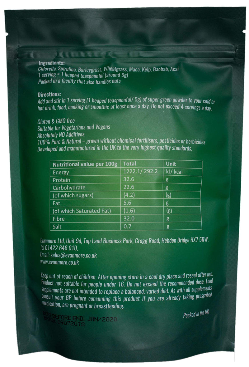 [Australia] - Super Greens Powder Blend - Vitamin Mineral Nutrient Rich - Immune System & Energy Boost - Vegan Vegetarian Superfoods Supplement Alkaline 100% Natural Gluten Free Detox- 250g 50 Servings, Evanmore 